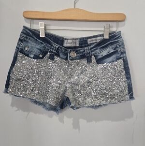 Daytrip Capricorn Sequin Denim Shorts Silver Bling Sparkly Festival Cut Off 26s